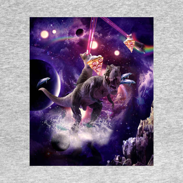 Rainbow Laser Space Cat On Dinosaur Eating Pizza by Random Galaxy